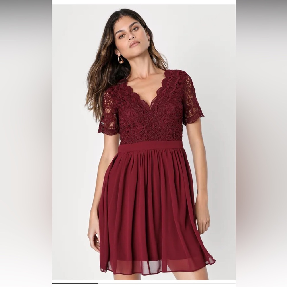 Lulus Angel in Disguise Burgundy Lace Skater Dress